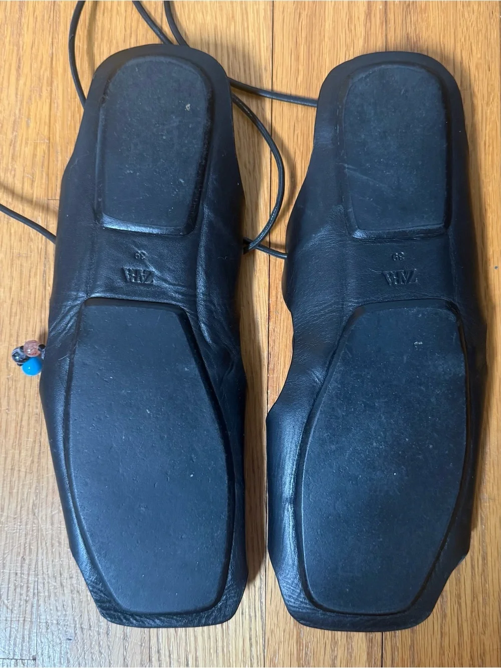 Size 8.5 / 9 Zara Black Leather Beaded Lace-Up Sandals with Turquoise Accents
